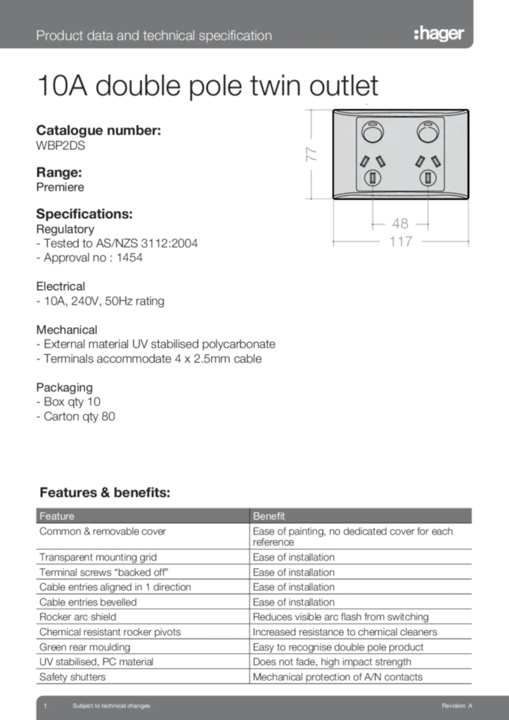 Image WBP2DS Double Pole Twin Outlet Data Sheet  | Hager Australia