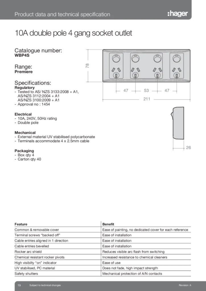 Image WBP4S Double Pole 4 Gang Socket Data Sheet  | Hager Australia