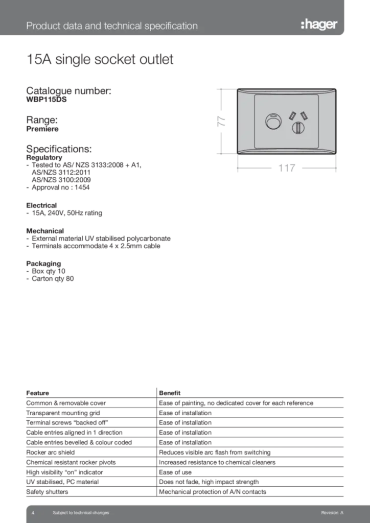 Image WBP115DS 15A Double Pole Single Outlet Data Sheet  | Hager Australia