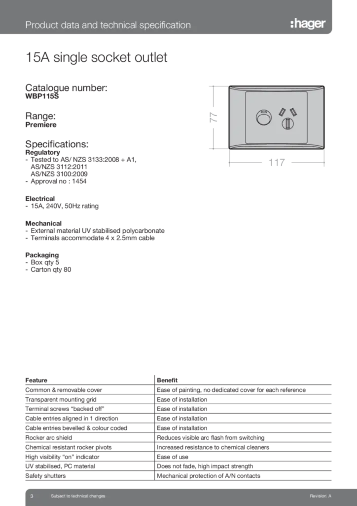 Image WBP115S 15A Single Outlet Data Sheet  | Hager Australia