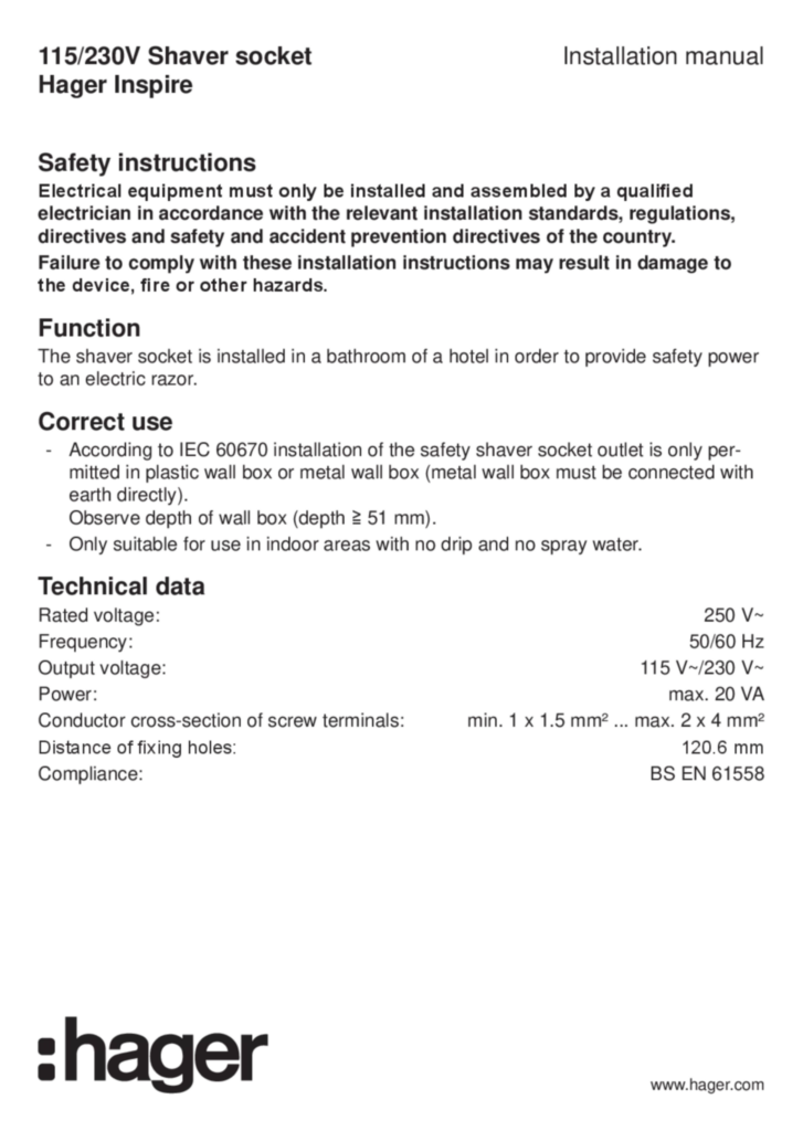 Image Manual for WGCXHSRXX - Shaver socket (EN, 2019-04)  | Hager