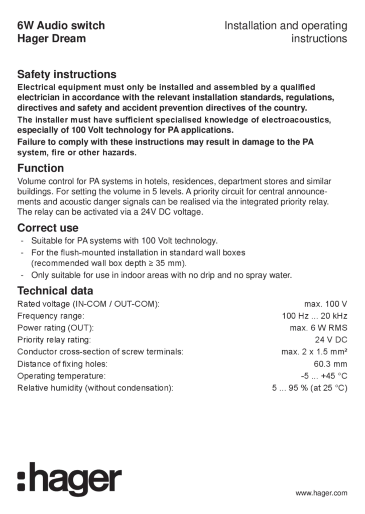 Image Manual for WGDEA6XX - Audio switch (EN, 2019-04)  | Hager