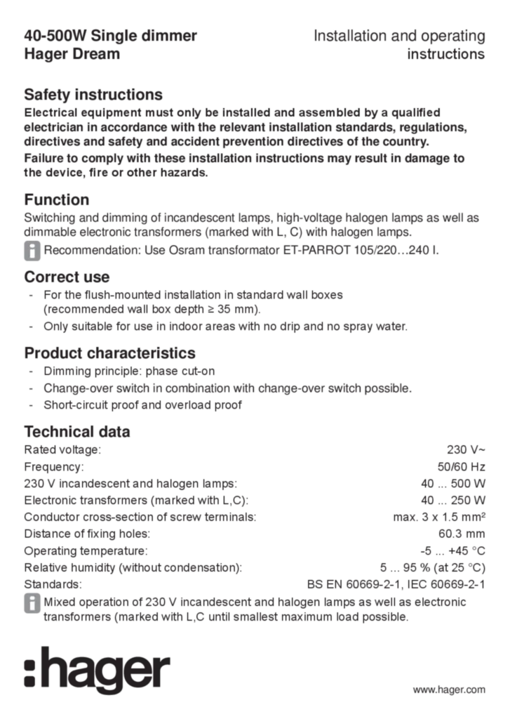 Image Manual for WGDEDR500XX - Dimmer (EN, 2019-04)  | Hager