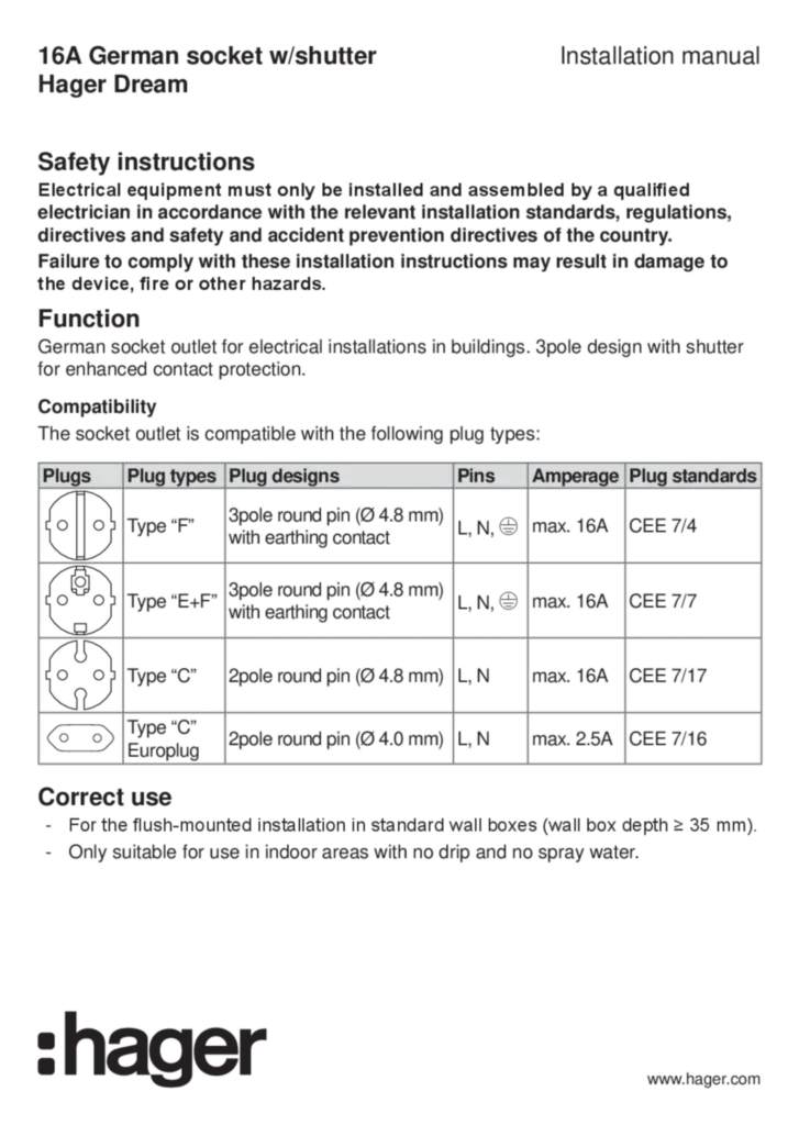 Image Manual for WGDS116SXX - German socket (EN, 2019-04)  | Hager