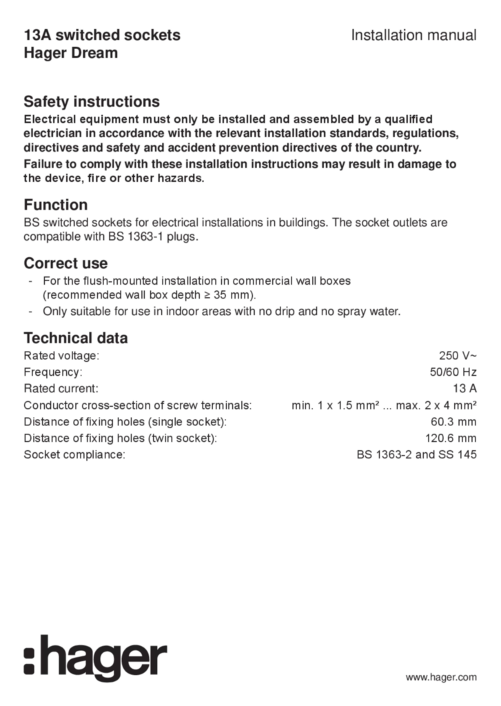 Image Manual for WGDSX13SXX - Switched sockets (EN, 2019-04)  | Hager