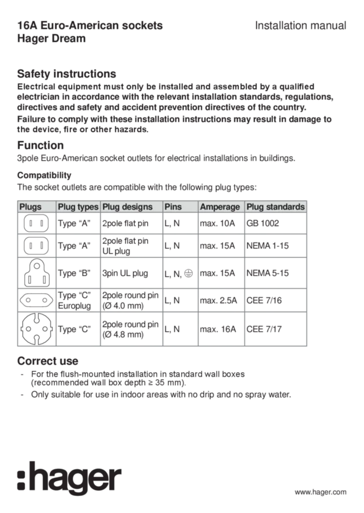 Image Manual for WGDSX16EAXX - Euro-American sockets (EN, 2019-04)  | Hager