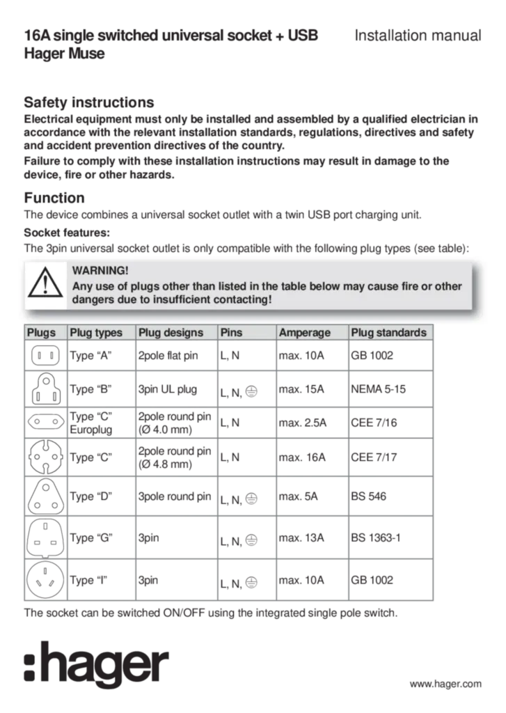 Image Manual for WGMS116ISUSBXX - Switched universal socket USB (EN, 2019-11)  | Hager