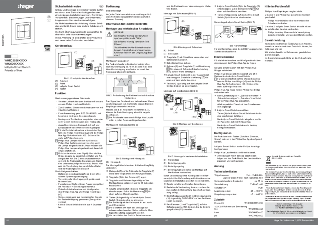 Bild Bedienungs- und Montageanleitung für WH2x26xx-WHEC2x26xx - kallysto Smart Switch Friends of Hue (DE-IT, 2022-01) | Hager Schweiz