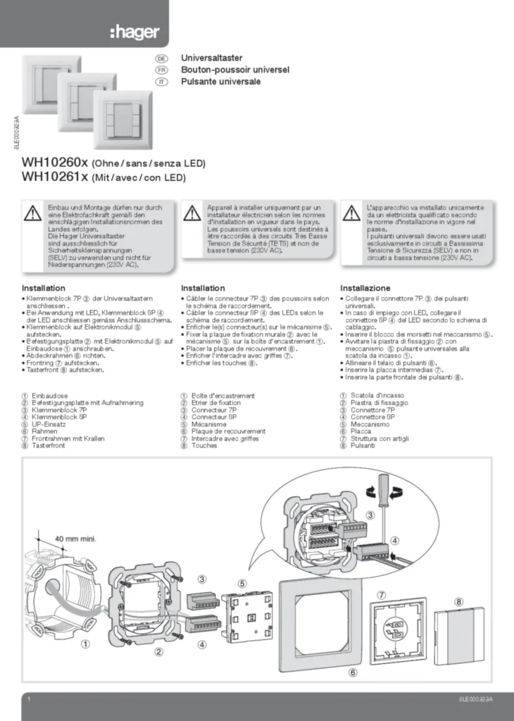 Image Notice d'instruction pour WH1026XX - Bouton-poussoir universel (DE-IT-FR, 2014-09) | Hager Suisse