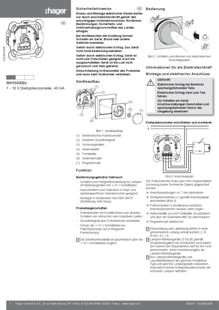 Image Notice d'instruction pour WH104002x - Potentiomètre rotatif 1 - 10 V, 40 mA (DE, 2017-06) | Hager Suisse