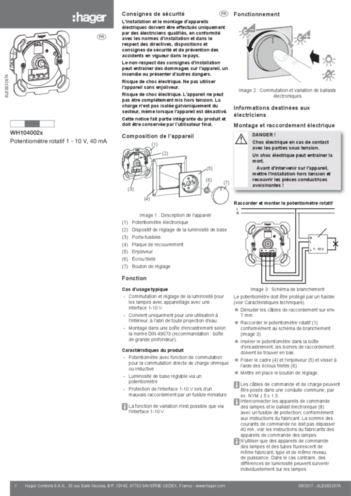 Image Notice d'instruction pour WH104002x - Potentiomètre rotatif 1 - 10 V, 40 mA (FR, 2017-06) | Hager Suisse