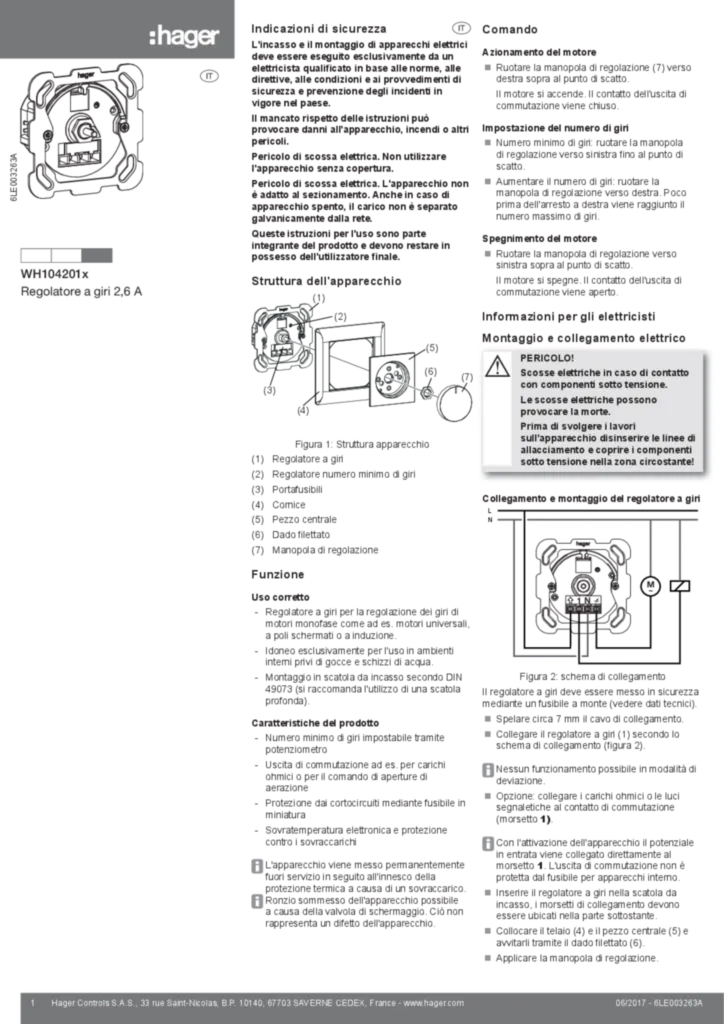 Image Notice d'instruction pour WH104201x - Commandes de vitesse 2,6 A (IT, 2017-06) | Hager Suisse