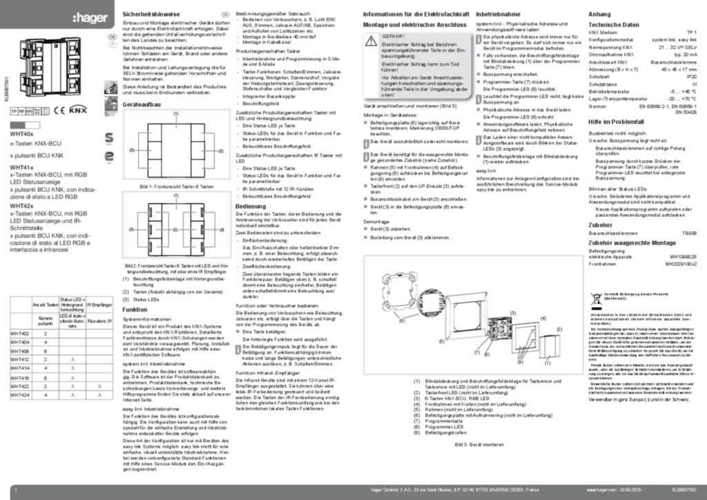 Image Notice d'instruction pour WHT40x-WHT41x-WHT42x - x touches KNX-BCU (DE-IT, 2020-09) | Hager Suisse