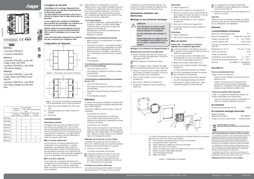 Image Notice d'instruction pour WHT40x-WHT41x-WHT42x - x touches KNX-BCU (EN-FR, 2020-09) | Hager Suisse
