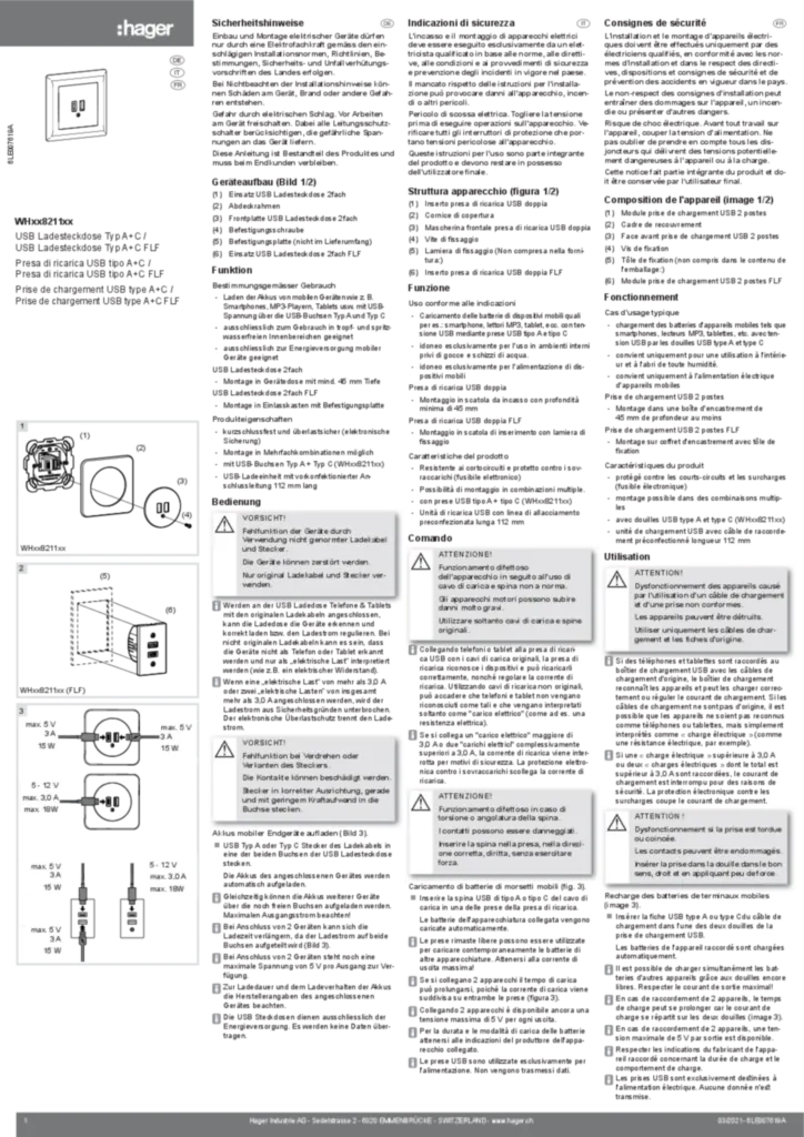 Image Notice d'instruction pour  WHxx8211x - USB A-C 18W PD prise de charge (DE,FR,IT, 2021-03) | Hager Suisse
