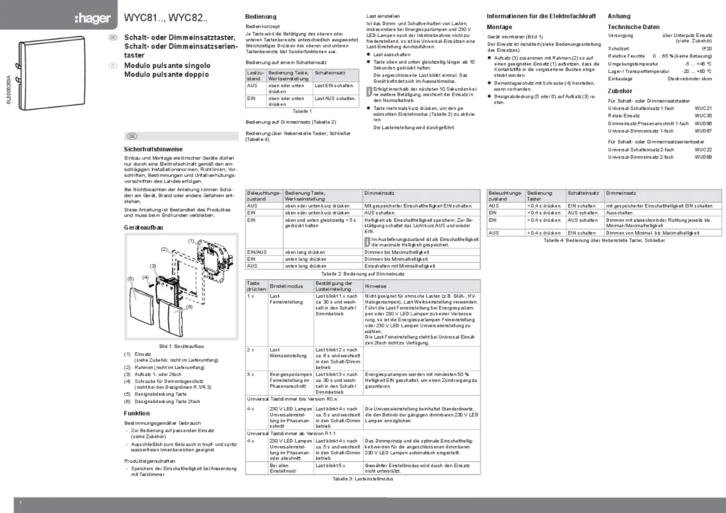 Bild Bedienungs- und Montageanleitung für WYC81xx, WYC82xx - Schalt-/Dimmeinsatztaster, Schalt-/Dimmeinsatzserientaster (DE-IT, Stand: 12.2017) | Hager Deutschland