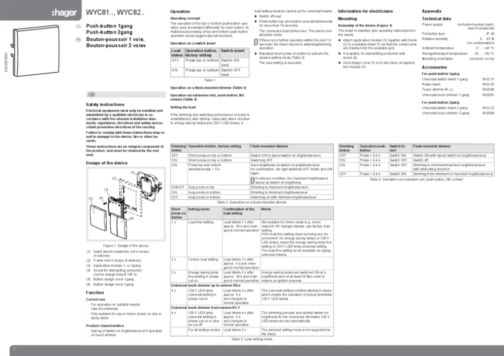 Bild Bedienungs- und Montageanleitung für WYC81xx-WYC82xx - Schalt-/Dimmeinsatztaster, Schalt-/Dimmeinsatzserientaster (EN-FR, 2017-12) | Hager Deutschland