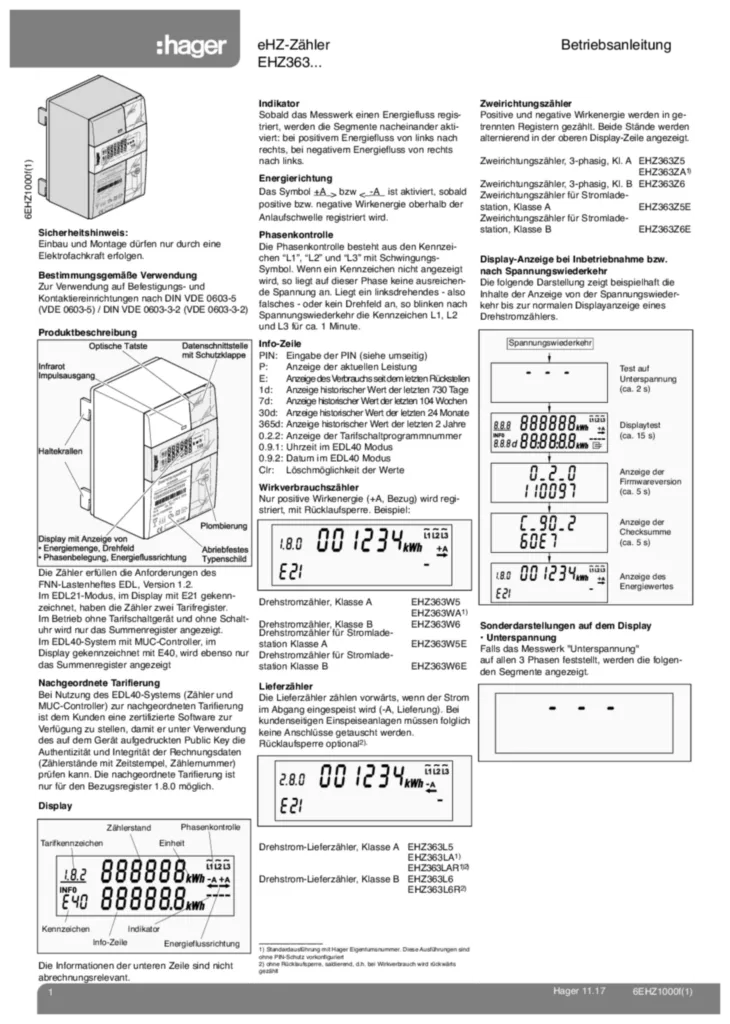 Bild Betriebsanleitung für EHZ363L5 - eHZ EDL DS-Lieferzähler/Wirkverbrauchszähler/Zweirichtungszähler, Klasse A (DE, Stand: 11.2017) | Hager Deutschland