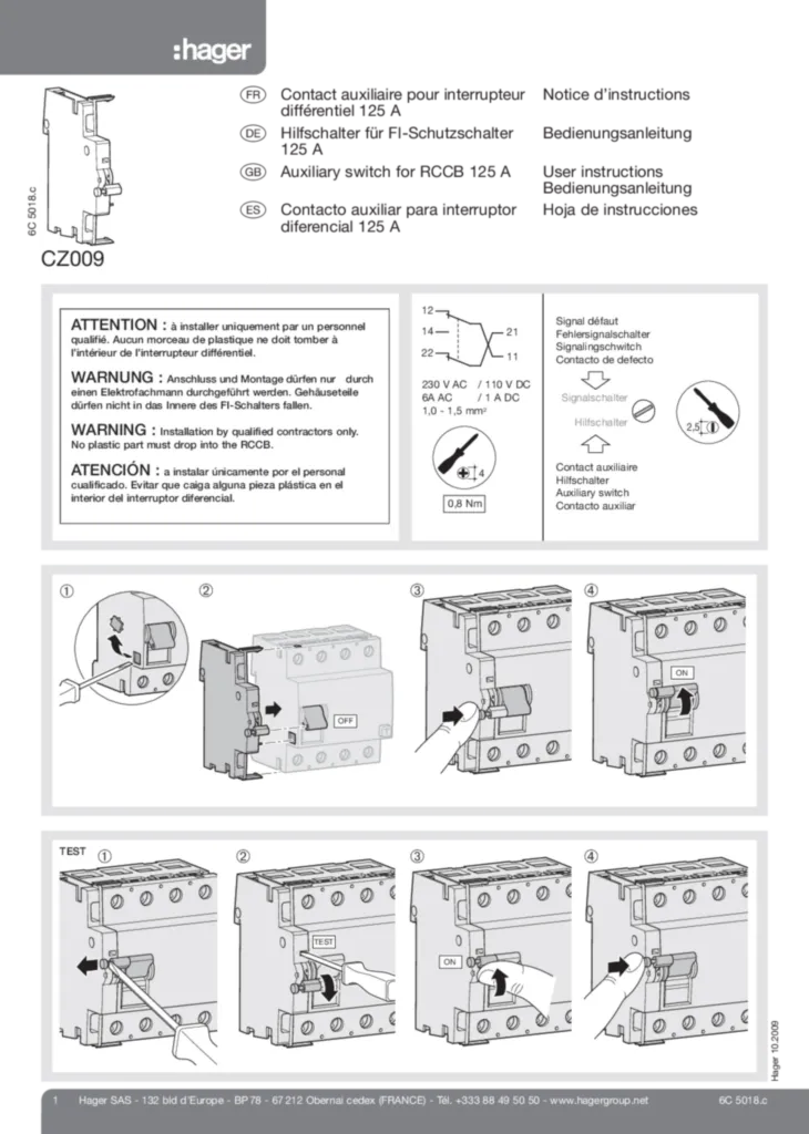 Bild Bedienungsanleitung für CZ009 - Hilfskontakt für Fehlerstromschutzschalter 125A 1 Wechsler + 1 Öffner 6A 230V (DE-EN-FR-ES, Stand: 10.2009) | Hager Deutschland