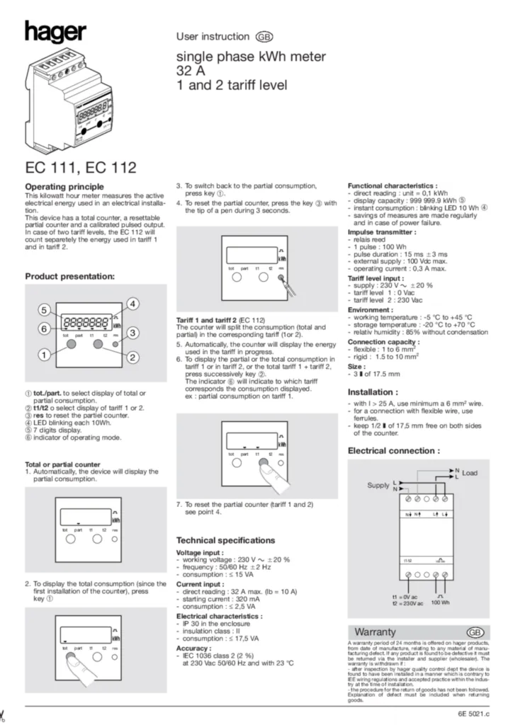 Bild Compteurs monophasé 32A simple et double tarif  EC 111, EC 112 | Hager Sverige