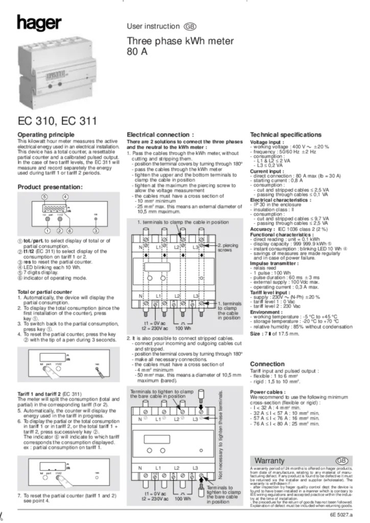 Image Compteur triphase EC 310, EC 311  | Hager