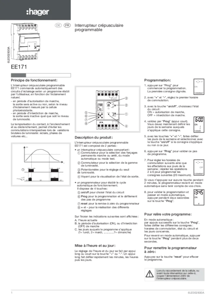 Bild Installationsanleitung für EE171 - Dämmerungsschalter mit digitaler Wochenschaltuhr und Helligkeitssensor (DE-FR, Stand: 06.2017) | Hager Deutschland