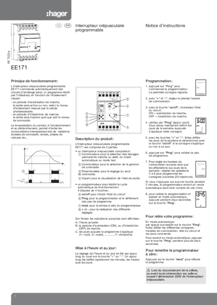 Bild Installationsanleitung für EE171 - Dämmerungsschalter mit digitaler Wochenschaltuhr und Helligkeitssensor (DE-FR, Stand: 11.2011) | Hager Deutschland