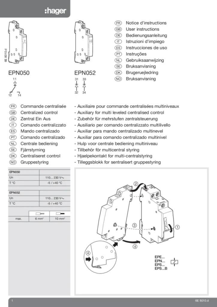 Immagine Manuale di installazione da-DK, en-GB, es-ES, fr-FR, de-DE, it-IT, nl-NL, nn-NO, pt-PT, sv-SE 2020-01-01 | Hager Italia