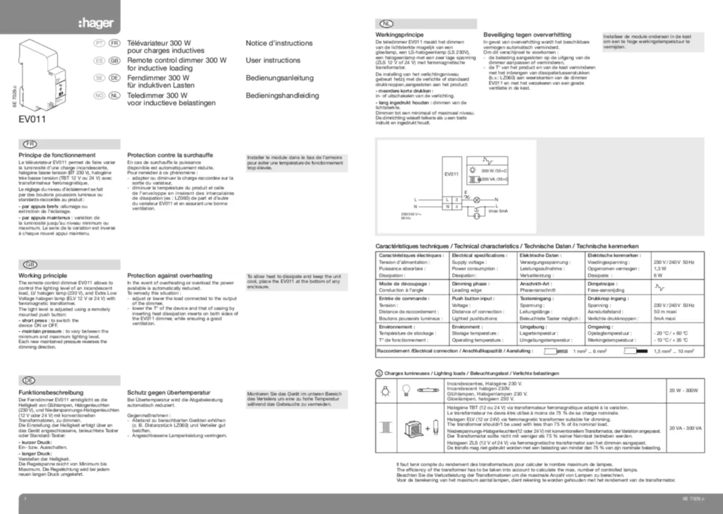 Bild Bedienungsanleitung für EV011 - Ferndimmer, 300W, Phasenanschnitt (DE-PT-EN-FR-NL-ES-SV-NO, Stand: 11.2009) | Hager Deutschland