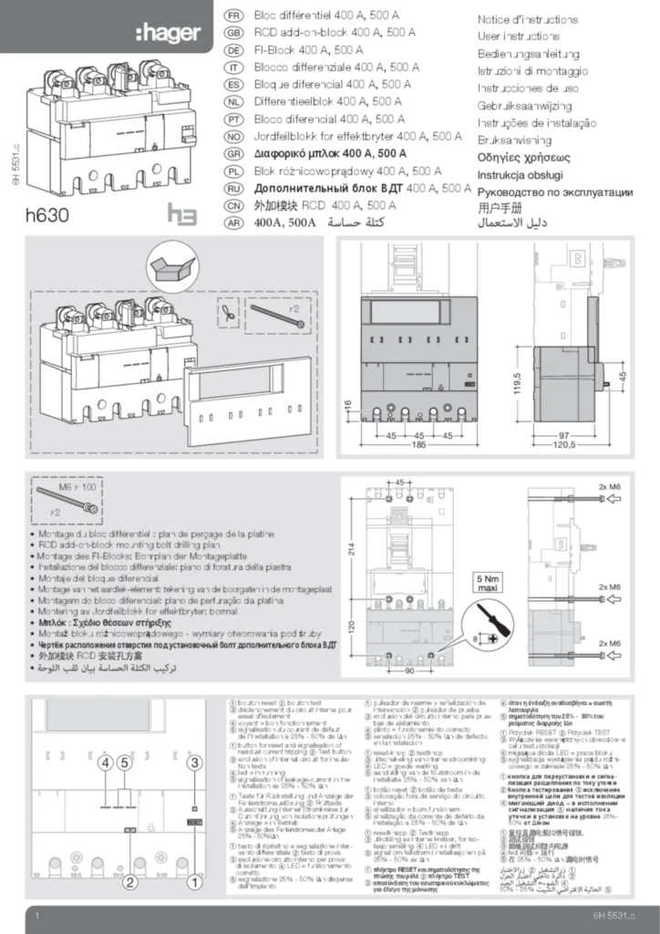 Bild Montageanleitung für HBD401H, HBD631H - FI-Block (multi-language, Stand: 11.2013) | Hager Deutschland
