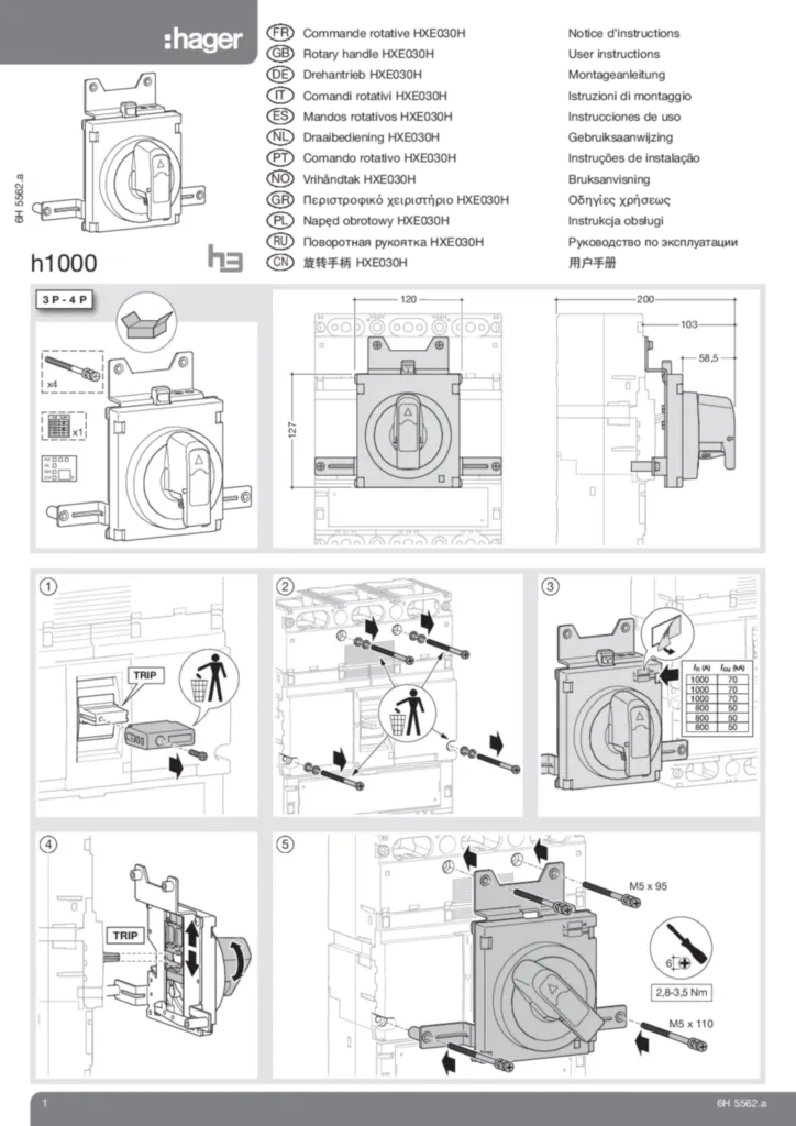 Bild Montageanleitung für HXE030H - Drehantrieb für Baugröße h1000 (PT-EN, Stand: 07.2010) | Hager Deutschland