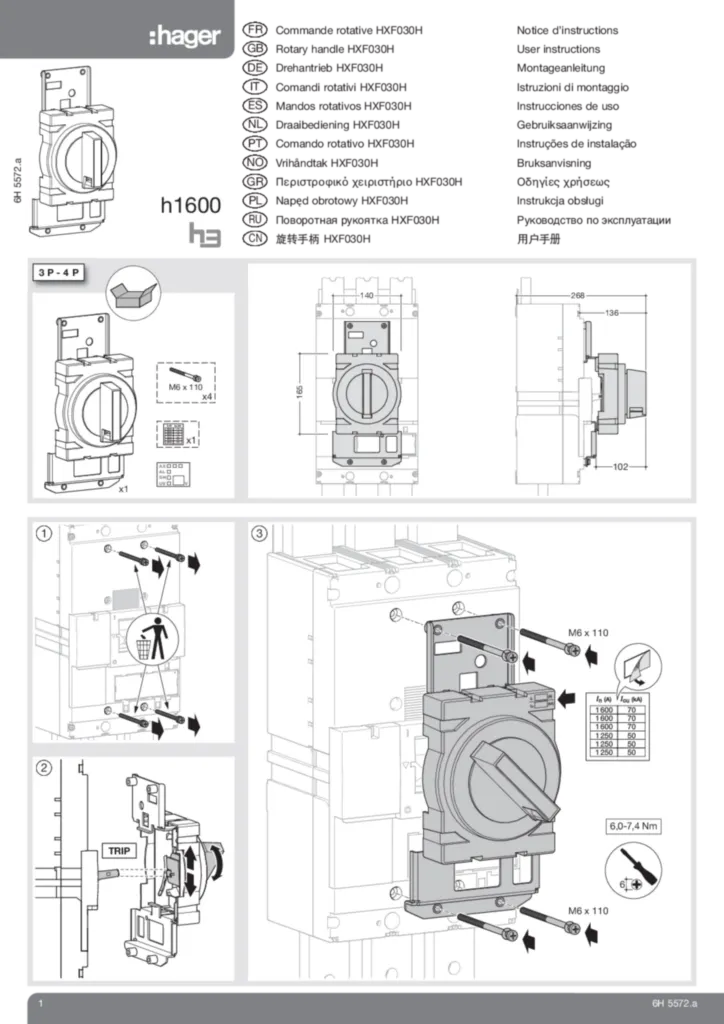 Bild Montageanleitung für HXF030H - Drehantrieb für Baugröße h1600 (PT-EN, Stand: 07.2010) | Hager Deutschland
