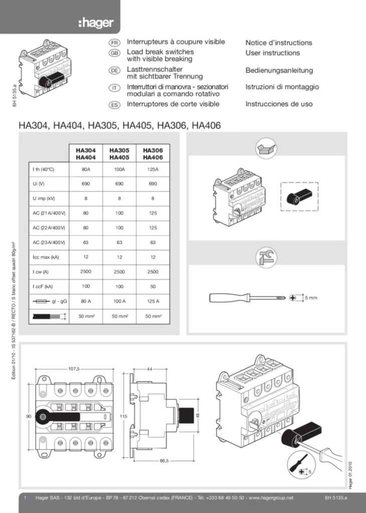 Bild Bedienungsanleitung für HA304, HA404 - Lasttrennschalter 3-/4-polig mit Trennungsanzeige (FR-EN-DE-IT-ES, Stand: 01.2010) | Hager Deutschland