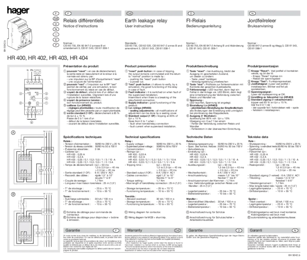 Image Notice Relais différentiel HR400, 402, 403, 404  | Hager
