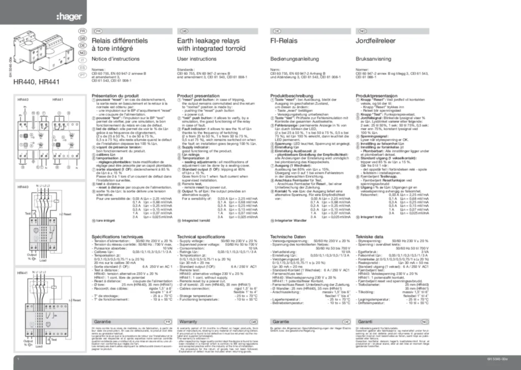 Image notice relais différentiels HR440_HR441  | Hager Australia