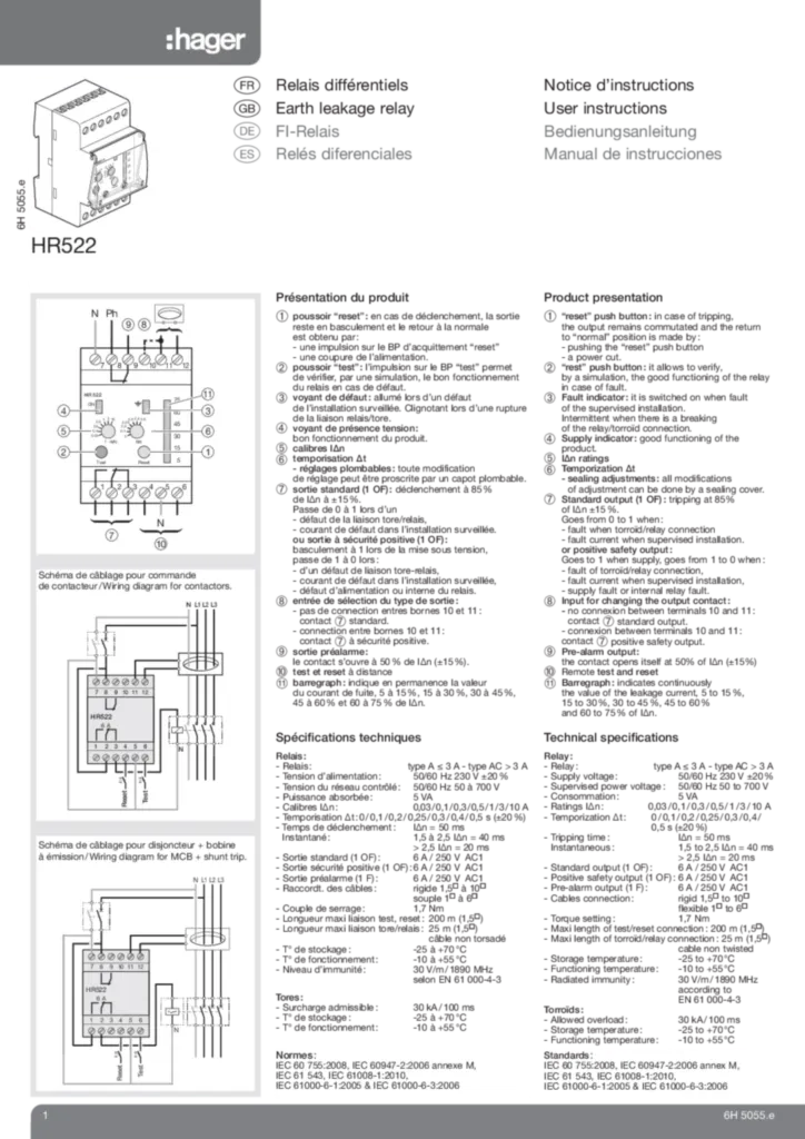 Bild Betriebsanleitung für HR522 - Fehlerstromschutz-Relais 0,03-10A mit Zeitverzögerung 50%/LED/TEST (DE-EN-FR-ES, Stand: 12.2011) | Hager Schweiz