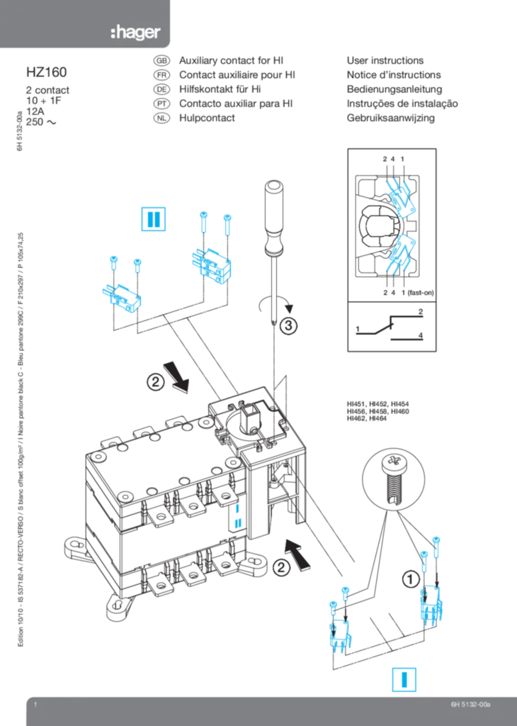 Bild Bedienungs- und Montageanleitung für HZ160 - Hilfskontakt von 125 bis 1600A (DE-NO-EN-FR-DA-NL, Stand: 10.2010) | Hager Deutschland