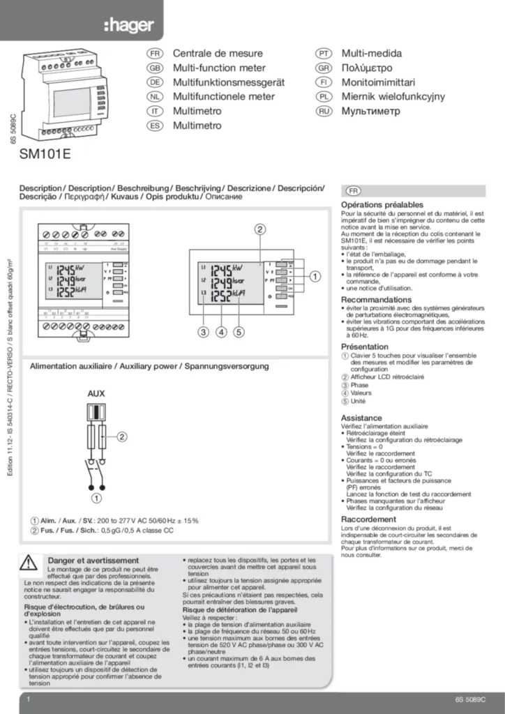 Bild Installationsanleitung für SM101E - Multimessgerät, 3phasig, über Wandlermessung, für Messung von U, I, P, Q, S (DE-RU-PT-EL-EN-IT-FR-ES-PL-NL, Stand: 11.2012) | Hager Deutschland