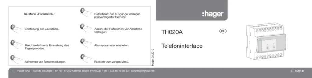 Bild Bedienungs- und Montageanleitung für TH020A - Telefoninterface 3 Eingänge + Stromüberwachung, 3 Ausgänge, analog (DE, Stand: 03.2010) | Hager Deutschland
