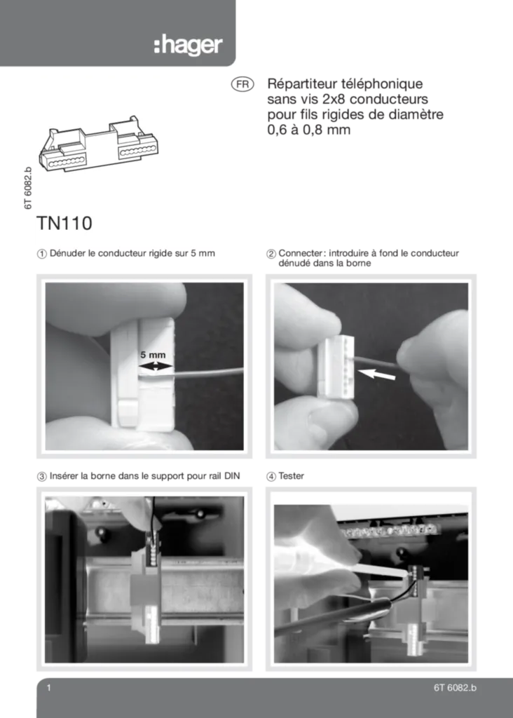 Image Repartiteur telephonique sans vis 2x8 conducteurs pour fils rigidesTN110 | Hager France