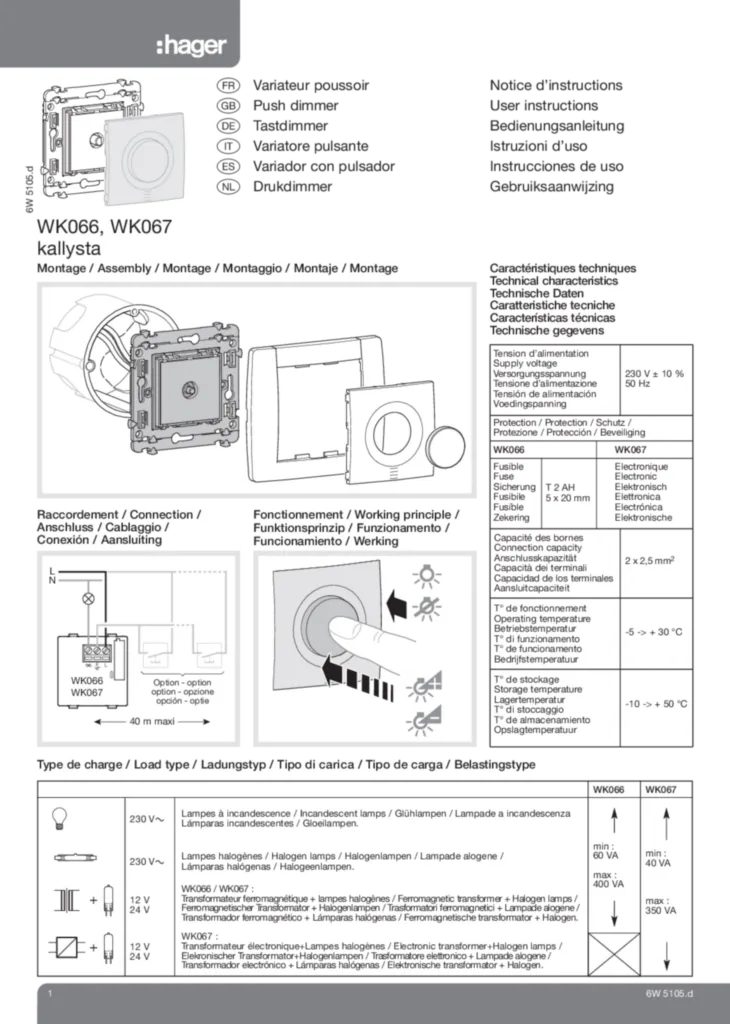 Image Notice variateur poussoir WK066 WK067 | Hager France