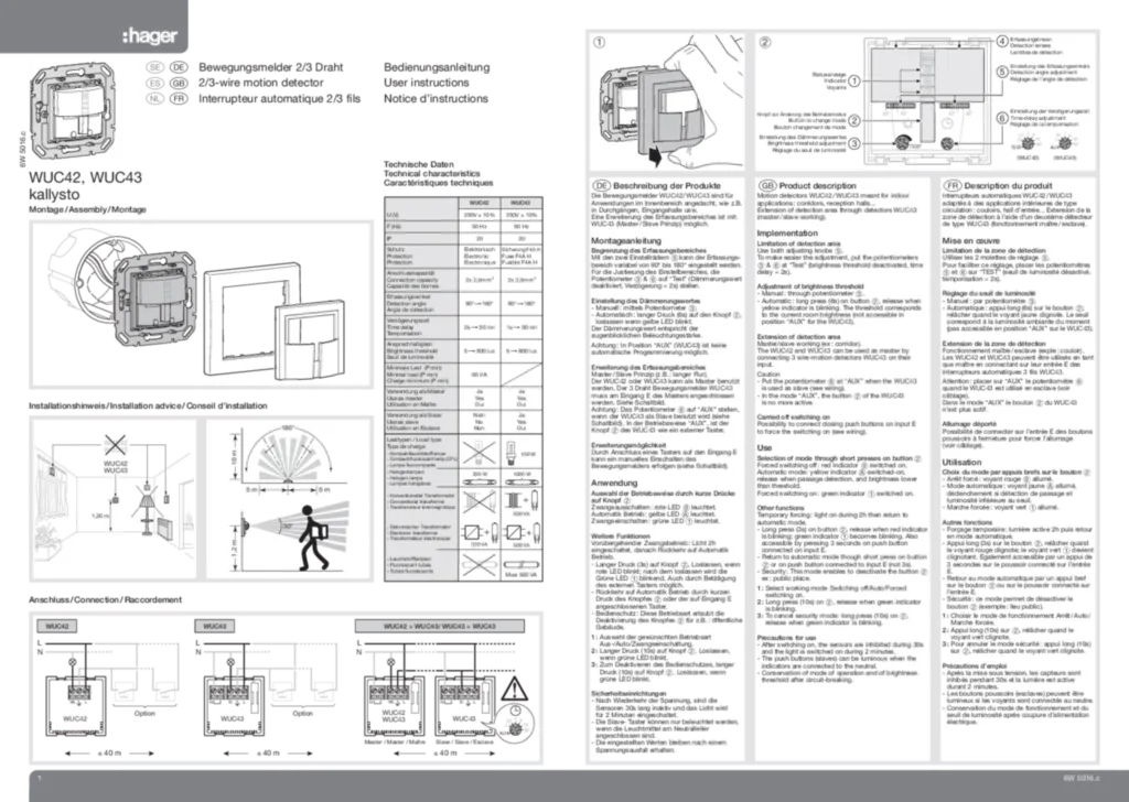 Bild Montageanleitung für WUC42 - Bewegungsmelder Kompakt, 180° (DE-SV-EN-FR-ES-NL, Stand: 08.2011) | Hager Deutschland