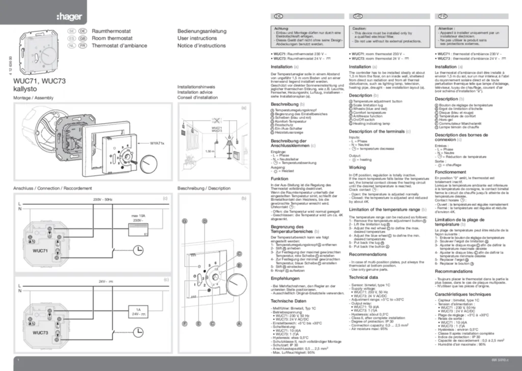 Bild Installationsanleitung für WUC71 - Raumtemperaturregler Einsatz mit Schalter und LED (EN-FR-ES-NL, Stand: 01.2010) | Hager Deutschland