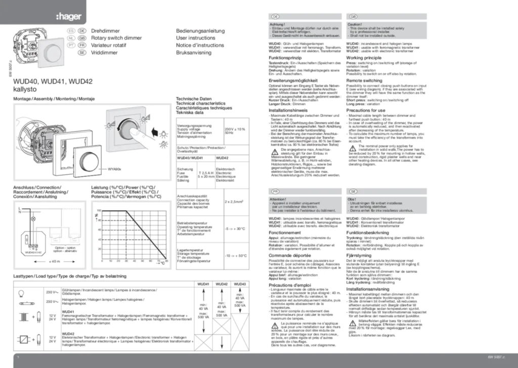 Bild Installationsanleitung für WUD40 - Drehdimmer mit Dreh-/Druck-Schalter (PT-EN-FR-NL, Stand: 08.2011) | Hager Deutschland
