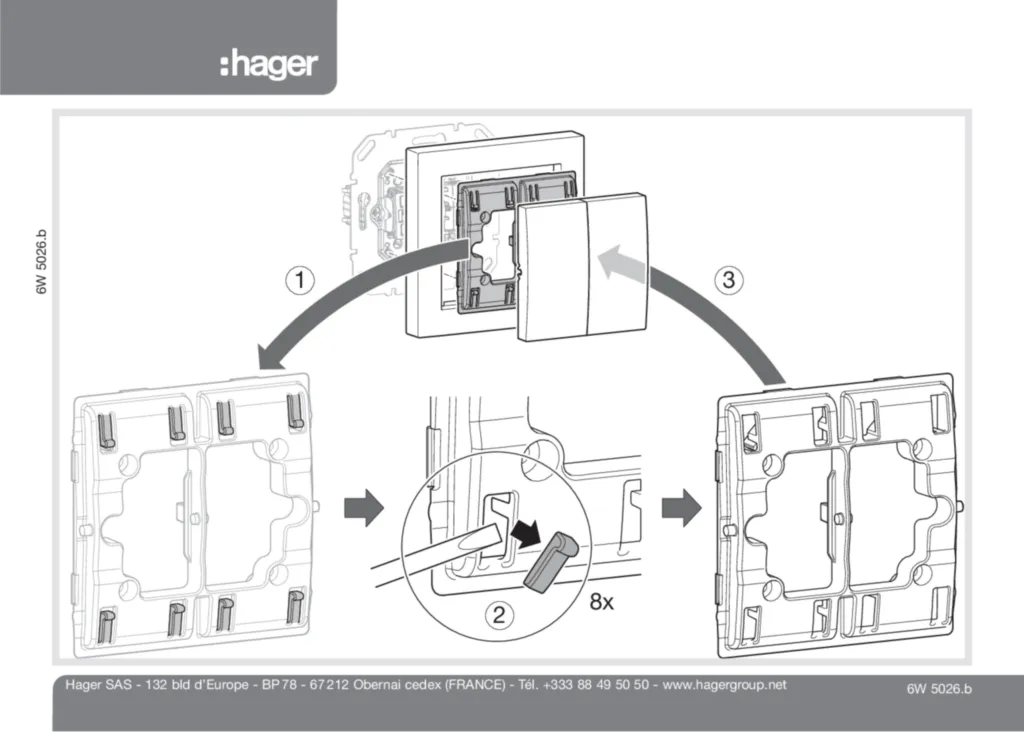 Bild Bedienungs- und Montageanleitung für WUE34 - Wipp-Taster-Einsatz, 4 Schließer mit Mittelstellung, 10 A, 250 V AC (DE-NO-EN-FR-DA-NL, Stand: 05.2010) | Hager Deutschland