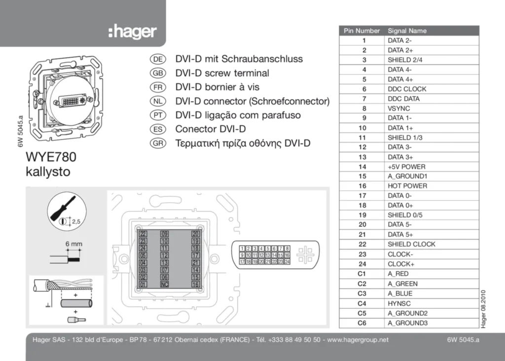 Bild Bedienungs- und Montageanleitung für WYE780 - DVI-D Steckdose 1fach, Full-HD, Auflösung 1920x1080 Pixel (1080i) (DE-NO-EN-FR-DA-NL, Stand: 08.2010) | Hager Deutschland