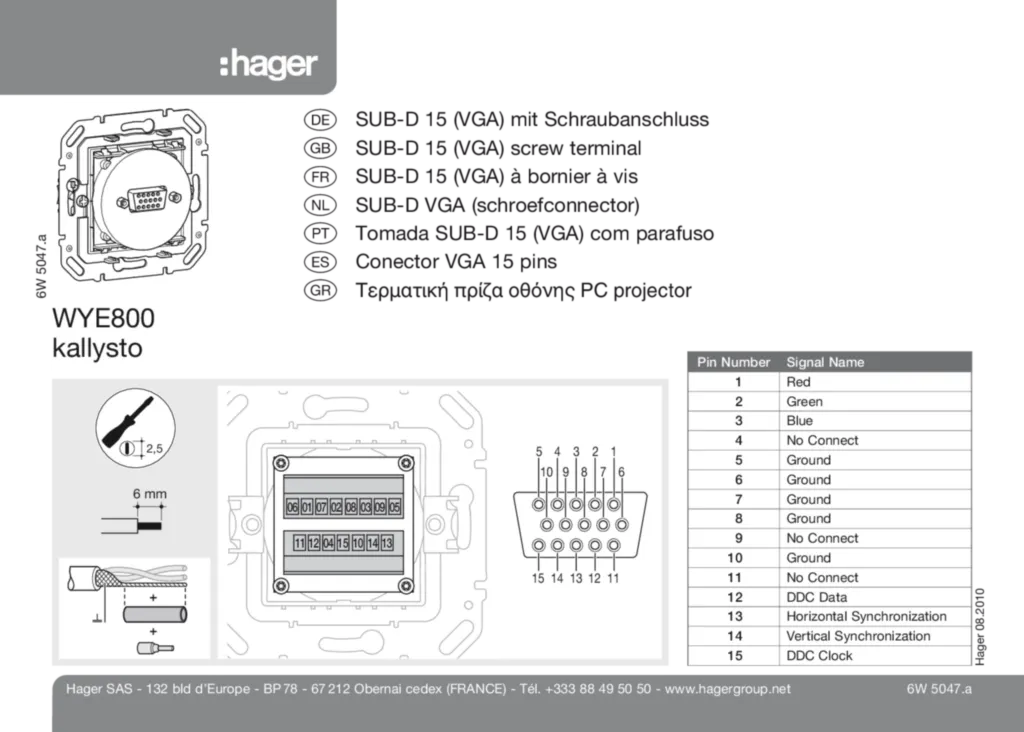 Bild Bedienungs- und Montageanleitung für WYE800 - SUB-D 15 (VGA) Steckdose 1fach, Buchse (DE-NO-EN-FR-DA-NL, Stand: 08.2010) | Hager Deutschland