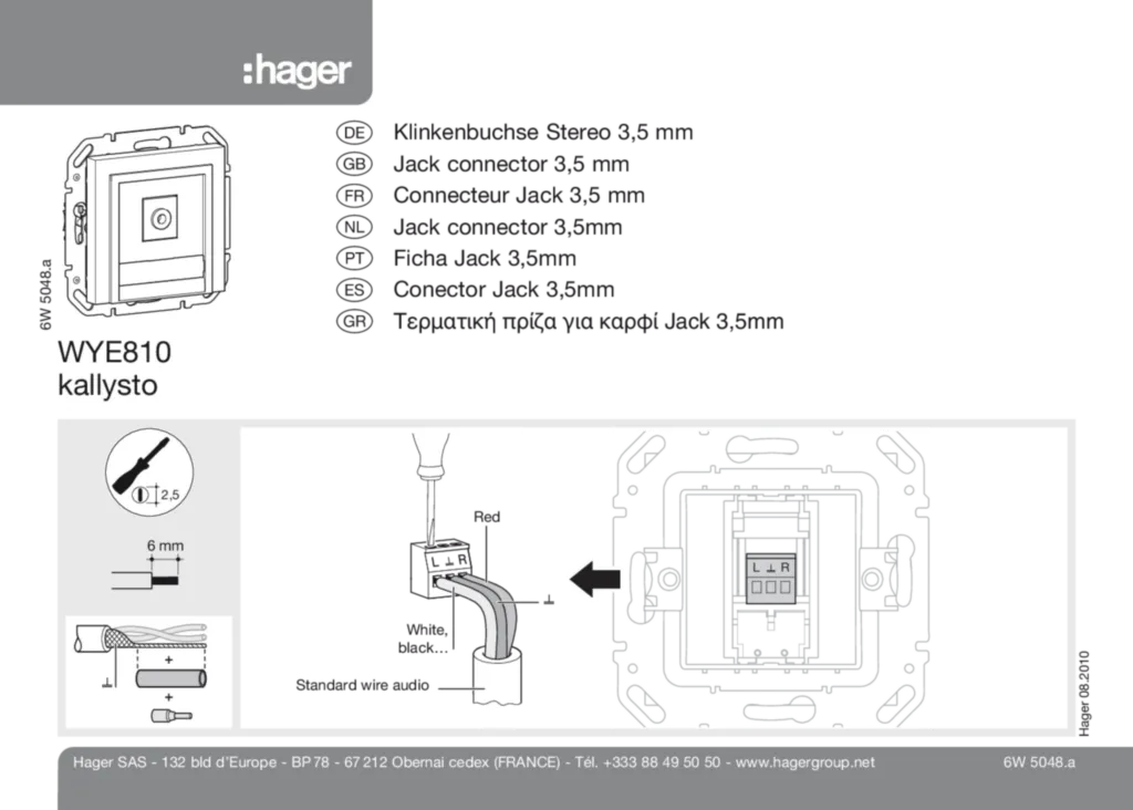 Bild Bedienungs- und Montageanleitung für WYE810 - Stereo Klinkenbuchse 3, 5 mm Anschlussdose 1fach (DE-NO-EN-FR-DA-NL, Stand: 08.2010) | Hager Deutschland
