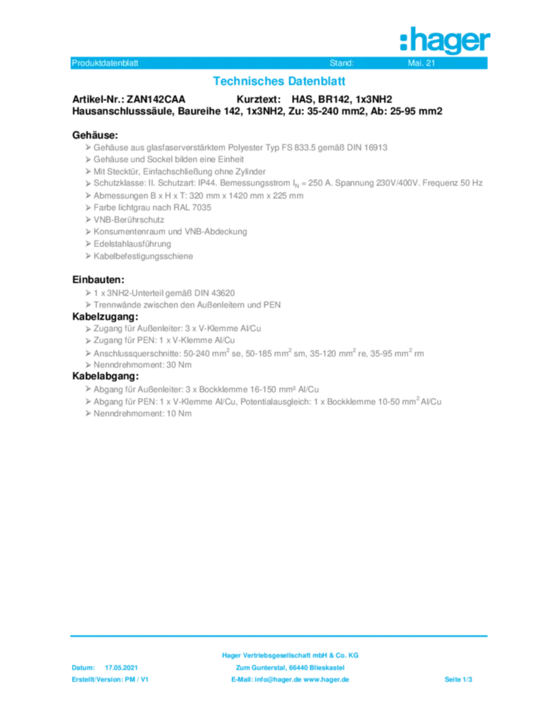 Bild Datenblatt ZAN142CAA | Hager Deutschland