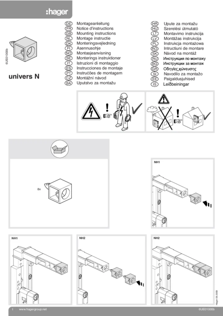 Bild Montageanleitung für UE31E9 - Baustein, universN, 450x250 mm, für NH1/2-Unterteil auf Sammelschienensystem 60 mm (Stand: 09.2009) | Hager Deutschland